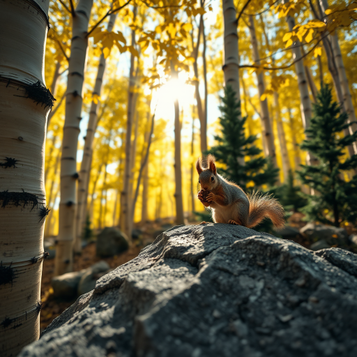 HD 8k close up of aspen trees , make the leaves have a bright but deep glowing effect, add black lines to highlight and detail the bark and leaves. The sun shines through a portion. Add some rock formations scattered throughout the forest area.  Place a squirrel close up on the rock formation. The view is eye level with the squirrel. The squirrel is cute and plump while he is trying to open a pine cone. Add a few dark green pine trees randomly.