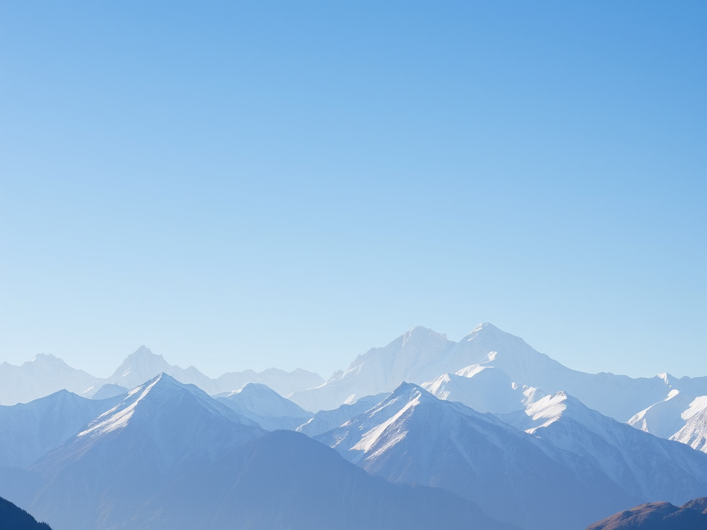 majestic snow-capped mountains under a clear blue sky, shot with a DSLR camera, 50mm lens, f/11 aperture, ISO 100, shutter speed 1/250s, high dynamic range, focus on the mountain peaks with a wide angle view for depth and clarity