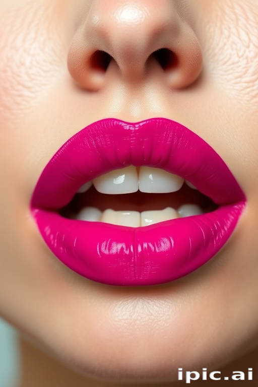 Vibrant fuchsia matte lipstick adorns full, pouty lips, creating a bold statement against pale skin, emphasizing the natural contours and subtle vertical lines
