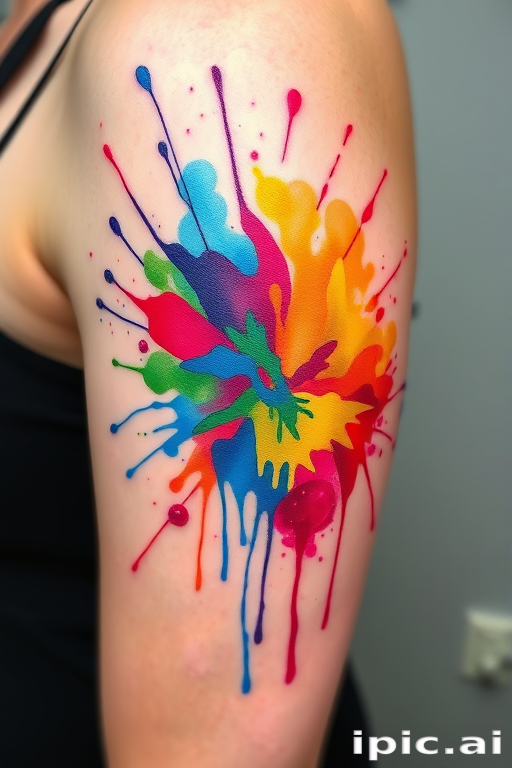 Watercolor splash tattoo named "Chromatic Explosion" featuring vibrant, abstract paint splatters and drips in a rainbow of colors, ideal for adding a pop of color to any body part