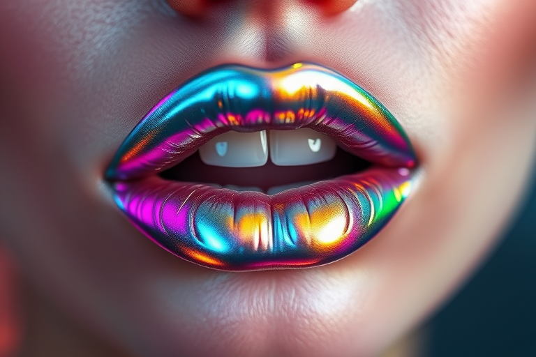 Innovative "Holographic Silver" lips featuring a futuristic, metallic sheen that shifts colors in different angles of light