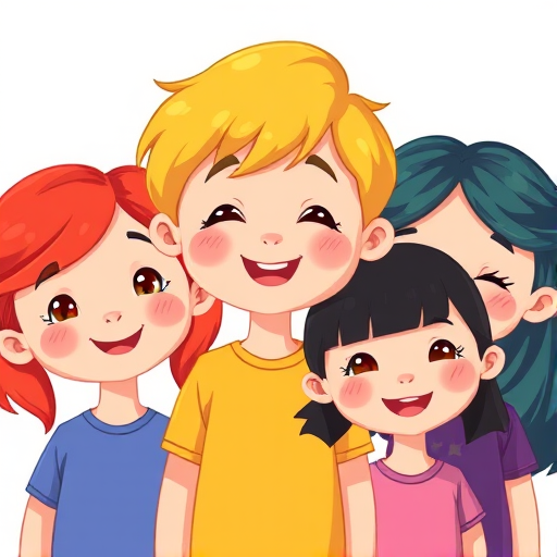 Create a colorful illustration of five stylized, cartoon-like children with varied hair colors and expressions, using a clean, flat design style, shot from a straight-on angle, with soft lighting to enhance the colors and details, using a digital illustration technique resembling high-resolution vector graphics.