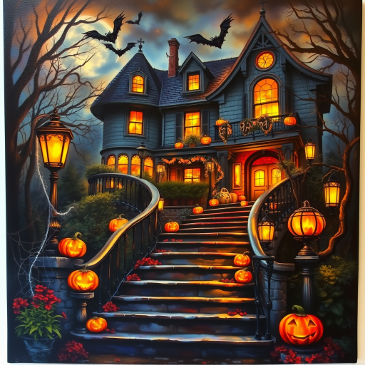 airbrushed oil painting, halloween theme, a haunted house, stairs, highly decorated, illuminated, lanterns, jack o'lantern, bats, webcobs