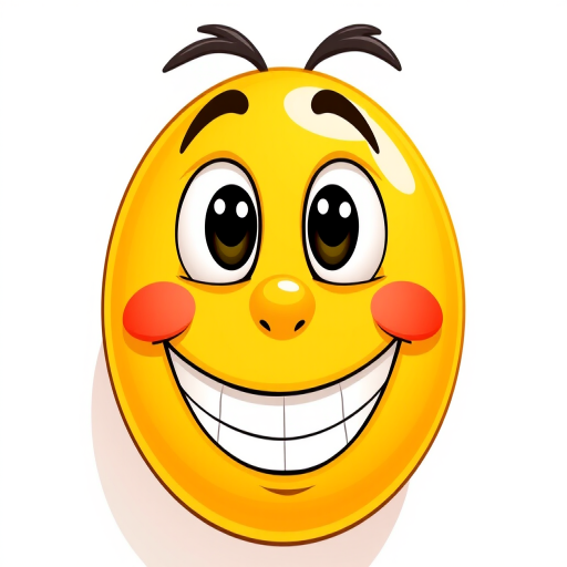Create a smiling yellow cartoon face with a round shape, large eyes, and a wide grin, using a 50mm lens, f/2.8 aperture, ISO 100, natural lighting, top-down view, digital illustration style.