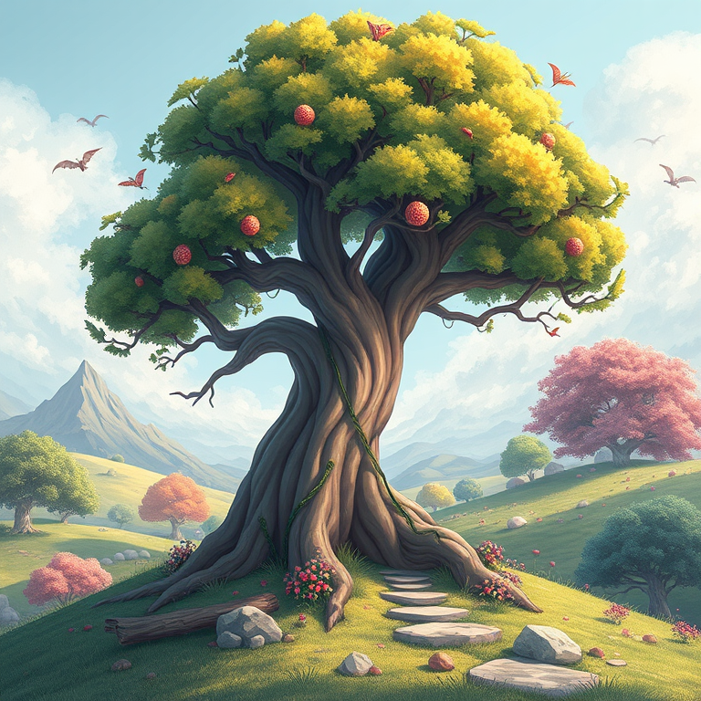 Generate a high-resolution illustration of a whimsical tree with a large, twisted trunk and colorful foliage in a fantasy landscape, shot with a 50mm lens at f/2.8, ISO 100, and a shallow depth of field for a soft background blur, using a DSLR camera for enhanced image quality and vibrant colors.