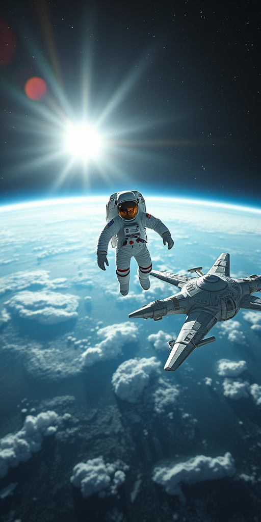 Create an image of an astronaut floating in space near a spacecraft, using a high-resolution camera with a 50mm lens, f/1.8 aperture, ISO 100, 1/500s shutter speed, shot from a low angle with a wide view, using a digital DSLR style for enhanced clarity and contrast.
