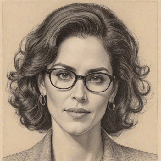 Charming Jami Gertz, pencil sketch, portrait of Fascinating woman 1938s in glasses, hair style beatnik, outline, clear lines, fine lines, 8k