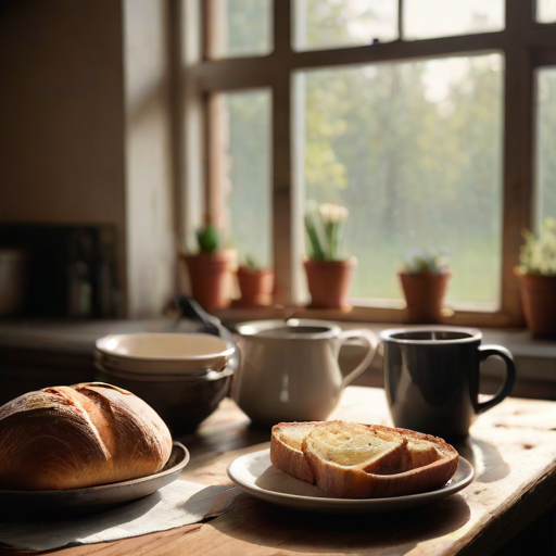 Warmly lit photo of a rustic kitchen table set for breakfast, soft natural light from a nearby window illuminating fresh bread, butter, and a steaming pot of coffee.