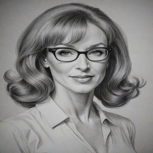 Appealing Kathy Griffin, pencil sketch, portrait of Gorgeous woman 1954s in glasses, hair style beatnik, outline, clear lines, fine lines, 8k