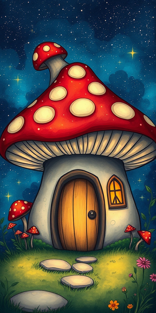 create illustration of a mushroom house with a door and a window, a storybook , fantasy art, mushroom house, bg starry sky, sparkles
