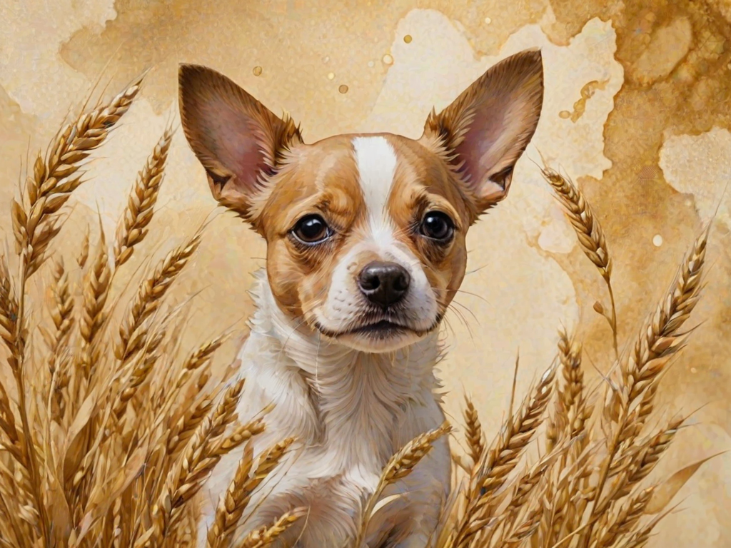 Soft, muted Alcohol Ink with ebru effect background image of tiny whimsical dog, who climbed high on the top of a golden rye ear.