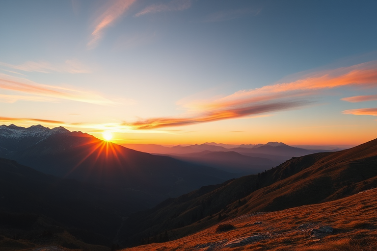 Generate a high-resolution image of a serene mountain landscape during sunrise with vibrant colors, using a 24mm lens, f/8 aperture, ISO 100, at a low angle view with soft lighting and a DSLR camera for enhanced clarity and depth.
