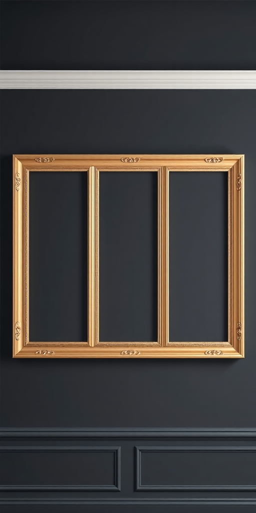 Generate an image of three elegant, empty picture frames arranged symmetrically on a dark gray wall with a decorative molding, using a DSLR camera at f/5.6, ISO 100, shutter speed 1/60s, wide-angle lens at 24mm, shot from eye level with soft natural lighting to enhance clarity and detail.