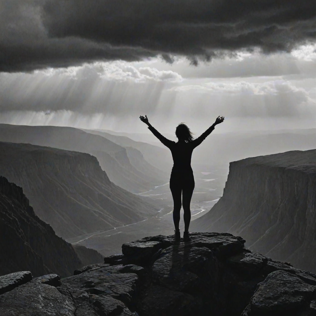 High-contrast black-and-white image of a silhouette of a woman standing at the edge of a cliff, arms outstretched, with distant storm clouds rolling in and jagged mountains barely visible in the background.