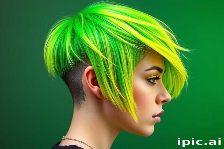Edgy neon green asymmetrical bob with a shaved undercut design, featuring electric yellow highlights and styled in choppy textured layers