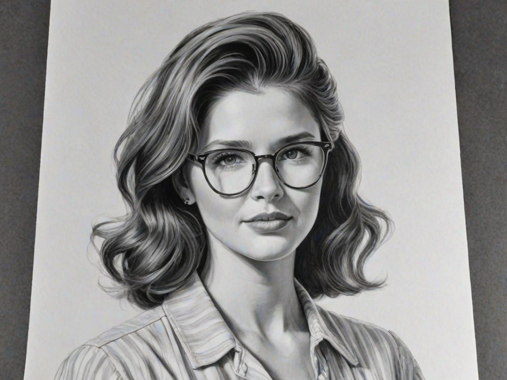 Fetching Katherine Schwarzenegger, pencil sketch, portrait of Fascinating woman 1951s in glasses, hair style beatnik, outline, clear lines, fine lines, 8k