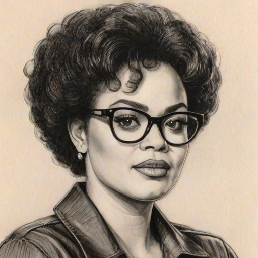 Pleasing Jill Scott, pencil sketch, portrait of Dazzling woman 1978s in glasses, hair style beatnik, outline, clear lines, fine lines, 8k