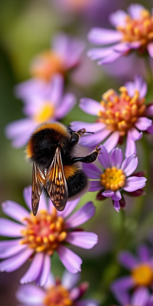 Close-up shot of a bumblebee on purple flowers, shallow depth of field, f/2.8 aperture, 1/200s shutter speed, ISO 100, natural light, macro lens, DSLR camera, vivid colors and sharp focus on the bee.