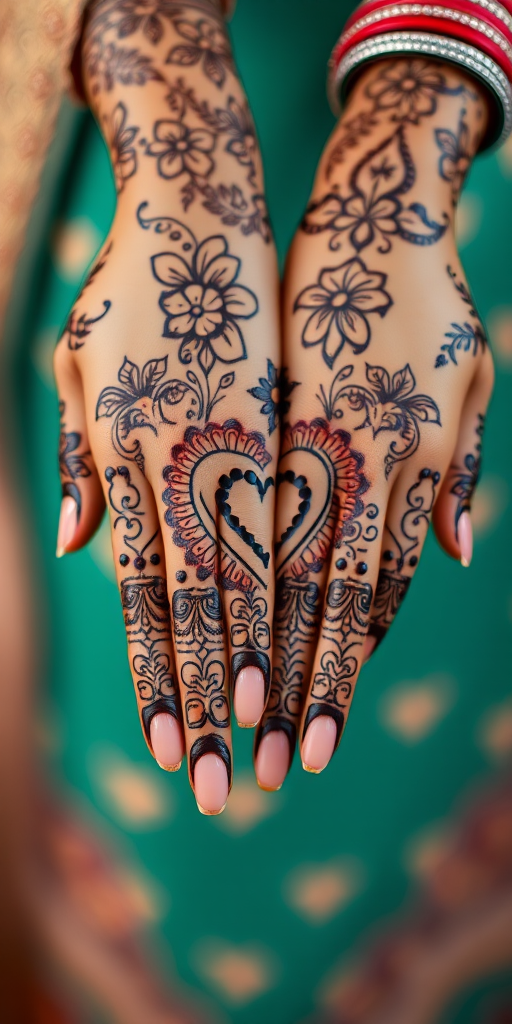 Capture a high-resolution image of intricately designed mehndi on hands with a focus on a heart pattern, using a DSLR camera with a 50mm lens at f/2.8, ISO 100, and a soft bokeh background to enhance detail and richness of colors.