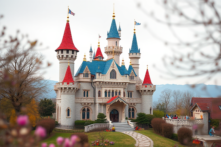 Create an image of a whimsical fairytale castle with turrets and colorful roofs set in a dreamy landscape, shot with a DSLR camera at f/2.8 aperture, ISO 100, 35mm lens, using a soft-focus style to enhance the magical quality and depth.