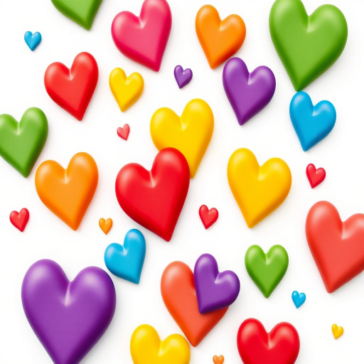 Create an illustration of colorful hearts in various sizes and orientations, using vibrant colors like red, orange, yellow, green, blue, and purple, on a plain white background, taken with a digital camera at f/2.8, ISO 100, 50mm lens, shot from a straight-on perspective to enhance clarity and detail.