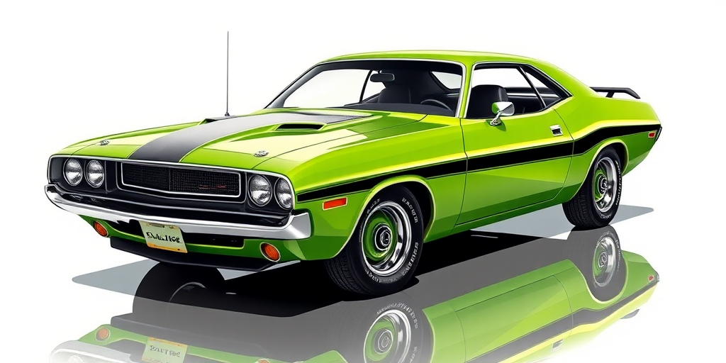 highly detailed illustration of a classic green Dodge Challenger with black stripes parked on a glossy surface, shot with a DSLR camera, 50mm lens, f/1.8 aperture, ISO 100, natural lighting, angled view for dynamic perspective, vibrant color enhancement