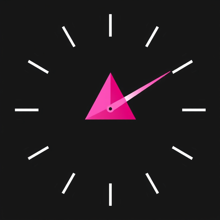 Create a clean vector illustration of a stylized clock hand, featuring a vibrant pink triangular shape for the hour hand and a sleek black base, shot with a Canon EOS R5, using a 50mm lens, f/2.8 aperture, with a 1/100s shutter speed and soft lighting for enhanced clarity.