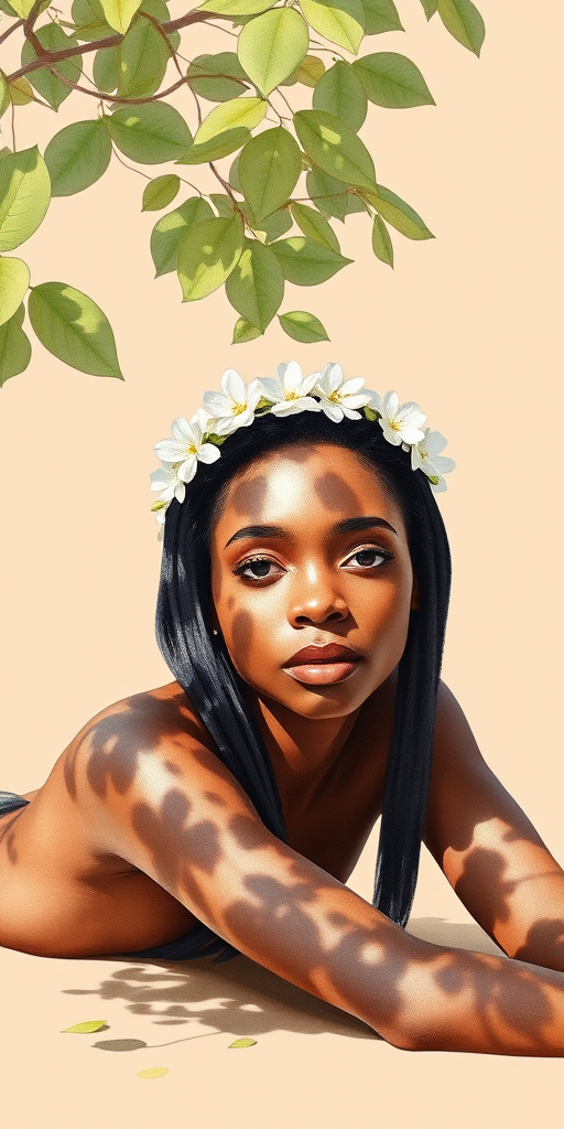 create a watercolor painting of an ethereal portrait of beautiful Igbo woman with a simple white flower crown on her head. Her hair is long and she is lying on the ground. The sunlight on the trees casts shadows from the leaves on her face and body. The background is a neutral brown color that matches her skin tone. The image is minimalist and solid colors. This style is characterized by soft, delicate brushstrokes and a light, airy, contrasting color palette. High level of detail and play of light