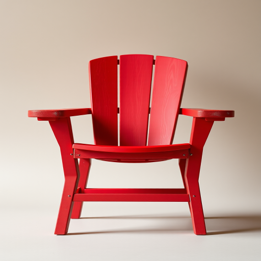 Photorealistic image of a red Adirondack chair against a neutral background, taken with a DSLR camera at f/2.8 aperture, 50mm lens, ISO 100, and natural lighting to enhance color vibrancy and texture detail.