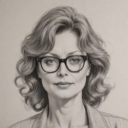 Captivating Susan Sarandon, pencil sketch, portrait of Fascinating woman 1951s in glasses, hair style beatnik, outline, clear lines, fine lines, 8k