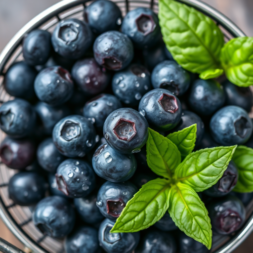 A detailed close-up of a metal bucket filled with fresh blueberries, droplets of water on the berries, with green basil leaves around, soft natural lighting, shot with a DSLR camera at f/2.8 for shallow depth of field, ISO 100, 50mm lens, top-down view to capture texture and color vibrancy.