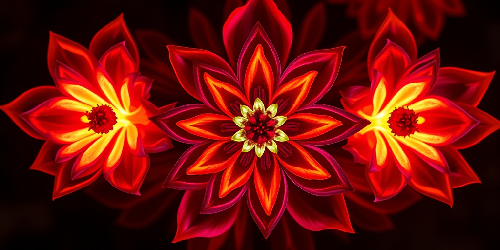 A vibrant, glowing floral design with intricate details and a dark background, captured with a DSLR camera at f/2.8, ISO 100, 50mm lens, top-down view, with a shallow depth of field for enhanced image quality.