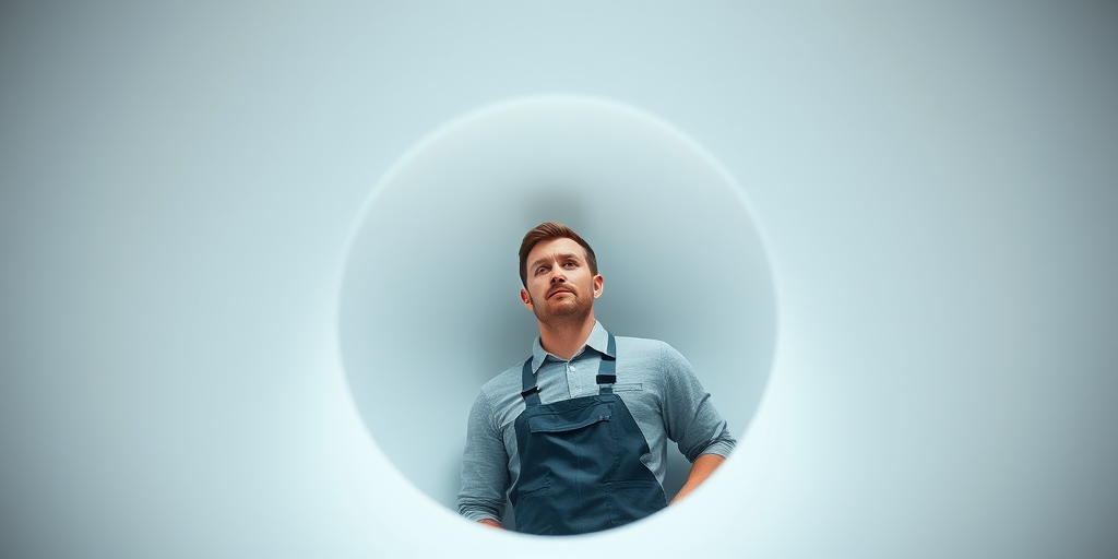 A plumbing technician standing in a circular hole in a white surface, looking thoughtful, soft lighting, shallow depth of field, 35mm lens, f/2.8 aperture, ISO 100, natural light, digital camera.