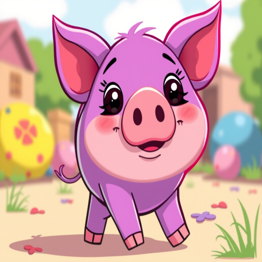 Create a cartoon-style illustration of a cute purple pig walking, using a Canon EOS R5 camera with a 50mm f/1.2 lens, aperture at f/2.8, ISO 100, and a slight top-down angle for depth, incorporating vibrant colors and a playful background.