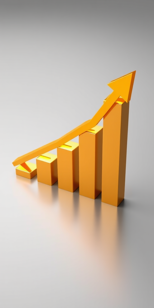Create a 3D render of a golden bar graph with an orange upward arrow, reflecting on a smooth gray surface, using a Canon EOS R camera, 50mm lens, f/1.8 aperture, ISO 100, 1/200s shutter speed, side view, soft lighting for clarity and detail.
