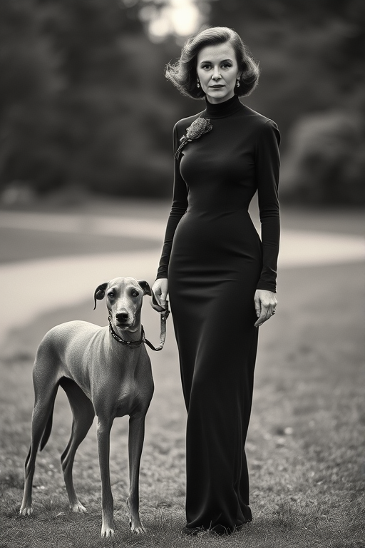 Generate a high-resolution image of a vintage elegant woman standing gracefully next to a greyhound, in soft focus black and white style, with a depth of field of f/2.8, ISO 100, 35mm lens, shot from a slightly low angle to accentuate her stature and detail.