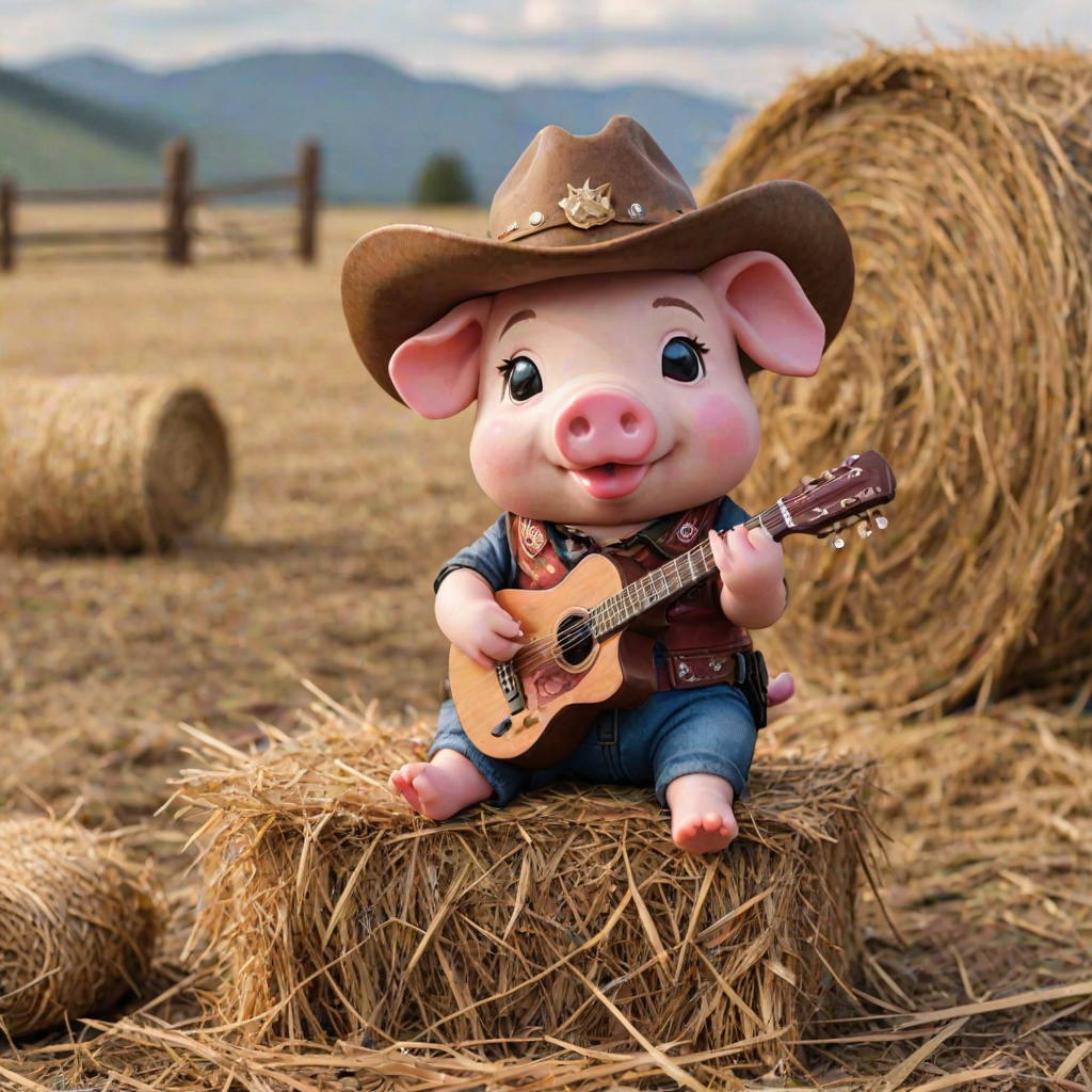 A chibi pig, dressed as a cowboy, playing guitar, sitting on a hay bale