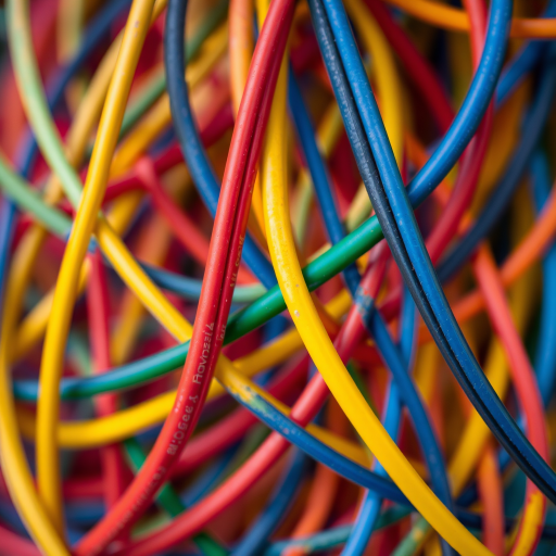 macro shot of colorful wires intertwined, f/2.8 aperture, ISO 100, 50mm lens, top-down view, natural lighting, DSLR camera