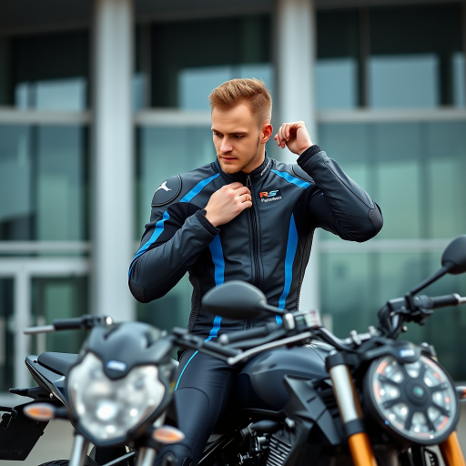 A biker in a sleek black and blue racing suit adjusts his gear while sitting on a motorcycle in front of a modern building, shot with a Canon EOS R5, 50mm lens, f/1.8, ISO 100, with a shallow depth of field and natural lighting to enhance colors and details.