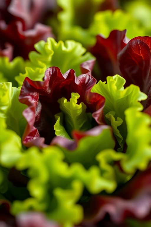 a close-up view of fresh, vibrant green and purple lettuce, highly detailed, macro lens, shallow depth of field, ISO 100, f/2.8, 1/200s, natural light