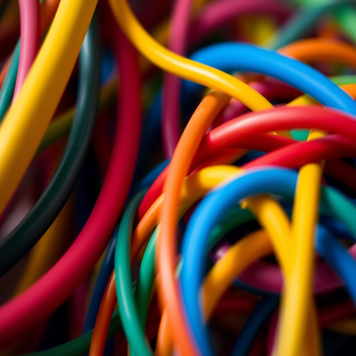 create a close-up shot of colorful wires tangled together, with a shallow depth of field, soft natural lighting, f/2.8 aperture, 50mm lens, ISO 100, taken with a DSLR camera to enhance image detail and quality