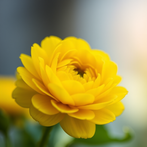 Close-up of a vibrant yellow ranunculus flower with detailed petal layers, soft focused background, natural lighting, DSLR camera, 85mm lens, aperture f/2.8, ISO 200, shallow depth of field.