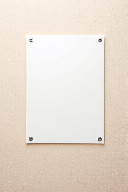 Create a high-resolution image of a blank white poster board mounted on a textured beige wall, captured with a DSLR camera at f/8 aperture, 50mm focal length, ISO 100, and a slight overhead angle to enhance depth and detail.