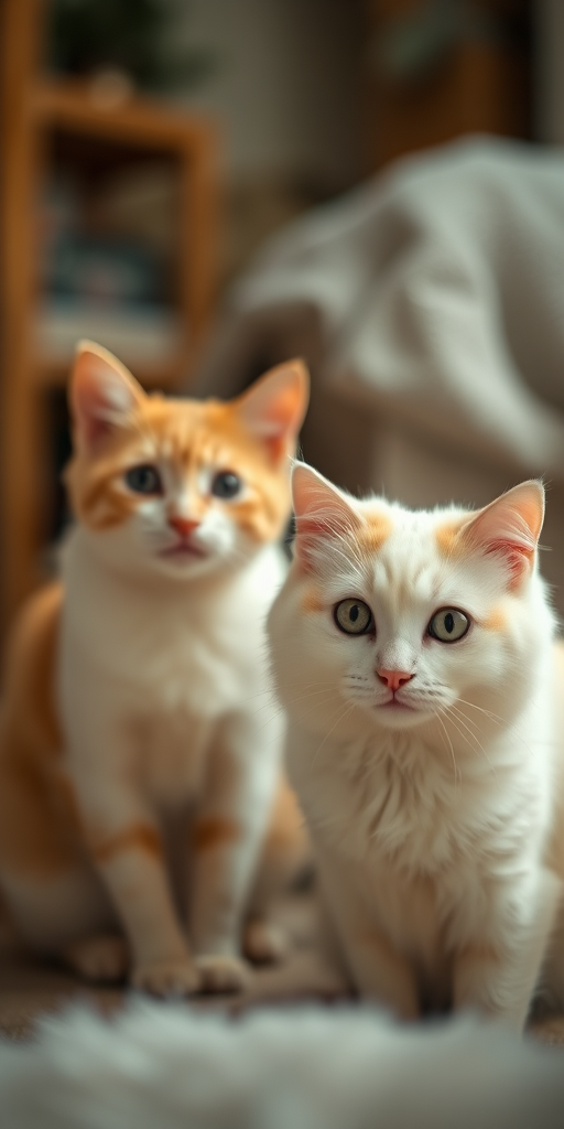 A cozy indoor scene featuring two cats, one white and one golden, with soft lighting, shallow depth of field, taken with a DSLR camera at f/2.8, ISO 200, 50mm lens, with a focus on the cats in a soft bokeh background, emphasizing their fur textures and expressions.