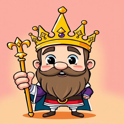 Create a high-resolution illustration of a cartoon king wearing a crown and holding a scepter, with bright colors and bold outlines, using a 50mm lens, f/1.8 aperture, in a medium shot from eye level, using a digital camera with vibrant color settings.