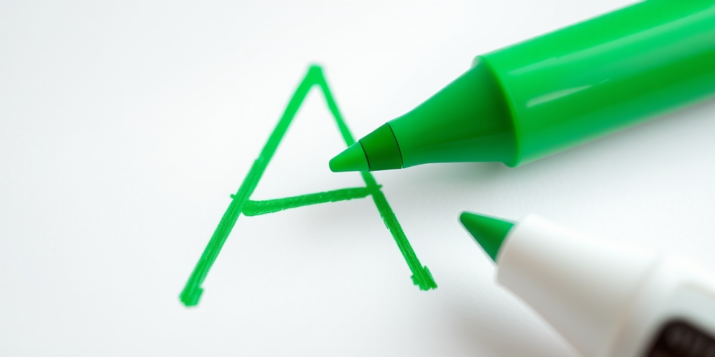 Create a high-resolution image of a green marker with a pointed tip drawing a large letter A in a bright, simple style, captured with a DSLR camera at f/2.8, ISO 100, and a 50mm lens, with a shallow depth of field to emphasize the marker.