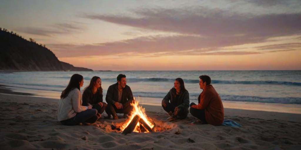 Group of friends gathered around a campfire on the beach, their faces illuminated by the fire's warm glow, and the sound of waves crashing nearby.