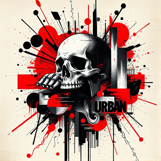 Avant-garde trash polka tattoo called "Urban Chaos" combining bold graphic elements abstract shapes and photorealistic imagery in a dynamic collage-like composition utilizing a limited color palette of black and red to create high contrast and visual impact incorporating typography grunge textures and distressed effects to evoke a sense of urban decay and rebellious energy