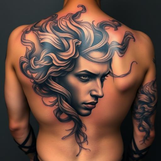 Captivating realism tattoo portrait on the back showcasing a hyper-detailed face emerging from swirling smoke tendrils with expert shading and subtle color accents for added depth