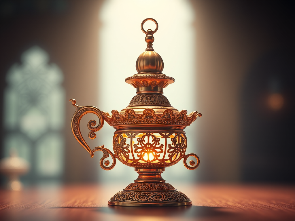 Create a highly detailed 3D rendering of an ornate oil lamp, illuminated softly from above to highlight its intricate design, using a DSLR camera with a 50mm lens, aperture set to f/1.8, ISO 100, and a shallow depth of field for a dreamy background blur.